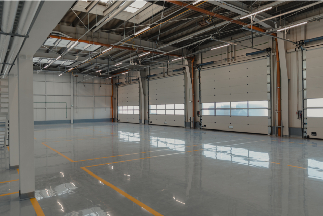 Epoxy and waxed flooring with colorful signage in car service